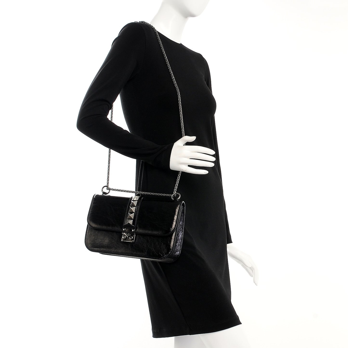 Craquele Calfskin Medium Glam Lock Rockstud Flap Black