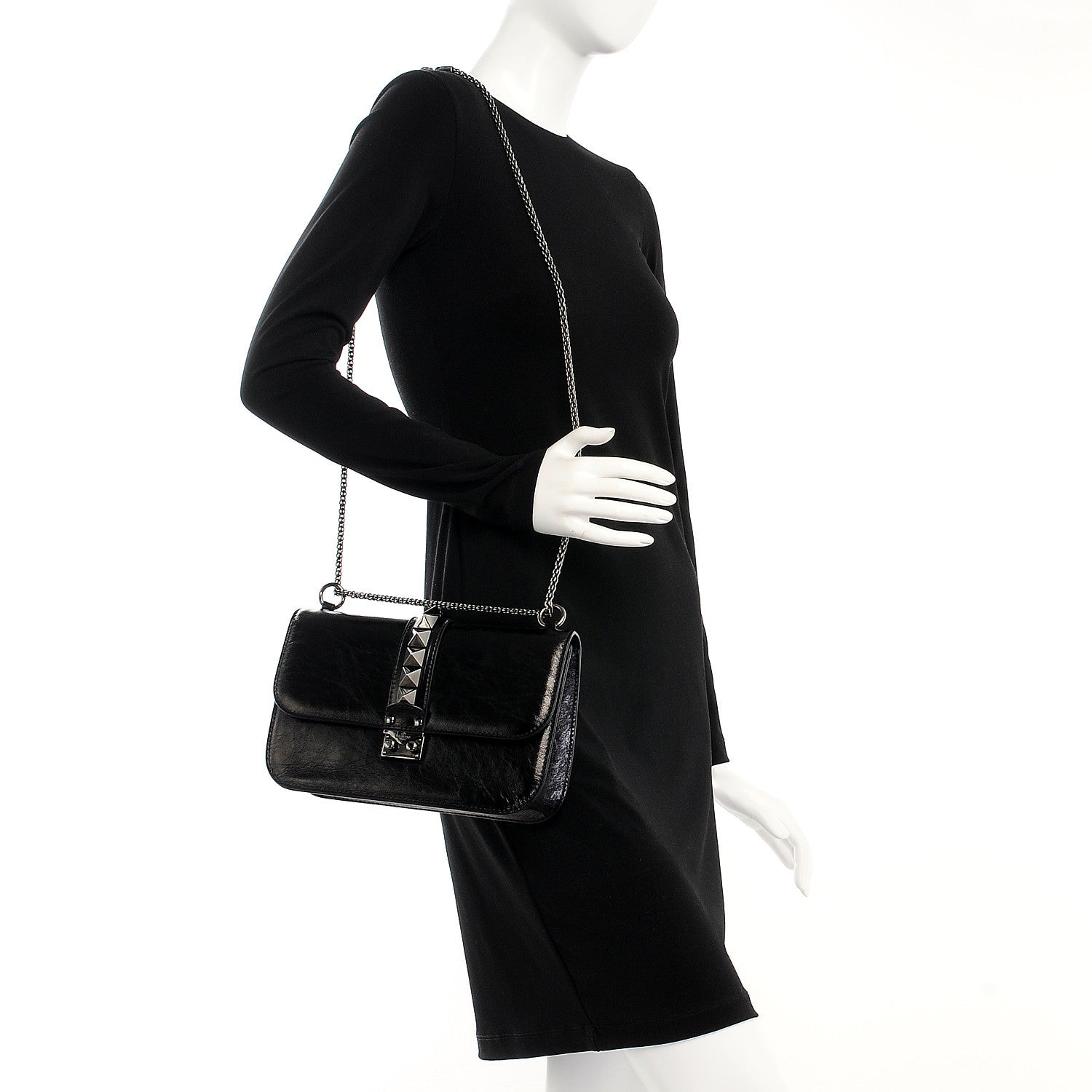 Valentino Garavani Craquele Calfskin Medium Glam Lock Rockstud Flap Black 2 of 7