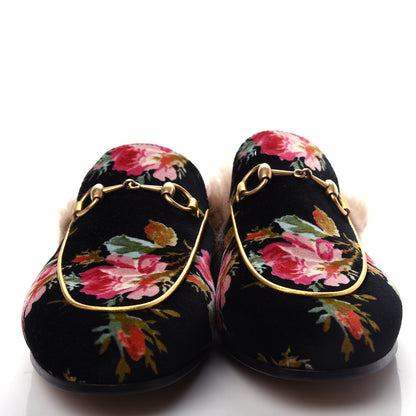 Gucci Velvet Fur Floral Womens Princetown Slippers 36.5 Black 5 of 9