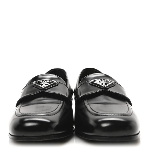 Brushed Calfskin Metal Triangle Logo 20mm Loafers 36.5 Black