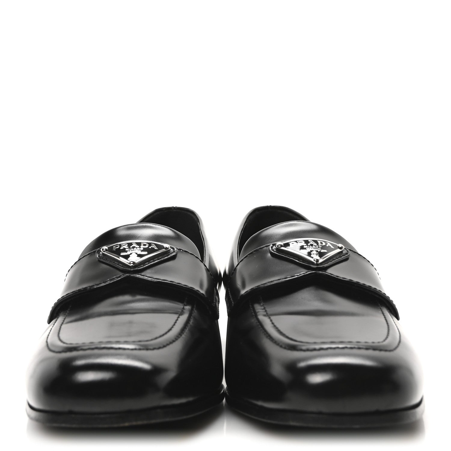Prada Brushed Calfskin Metal Triangle Logo 20mm Loafers 36.5 Black 2 of 9