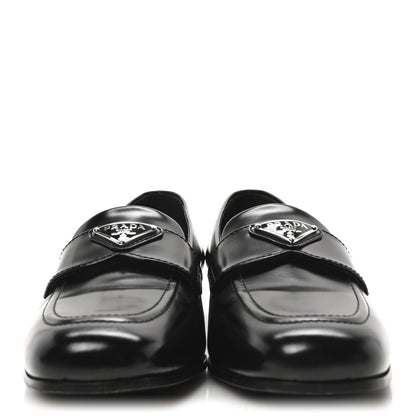Prada Brushed Calfskin Metal Triangle Logo 20mm Loafers 36.5 Black 2 of 9