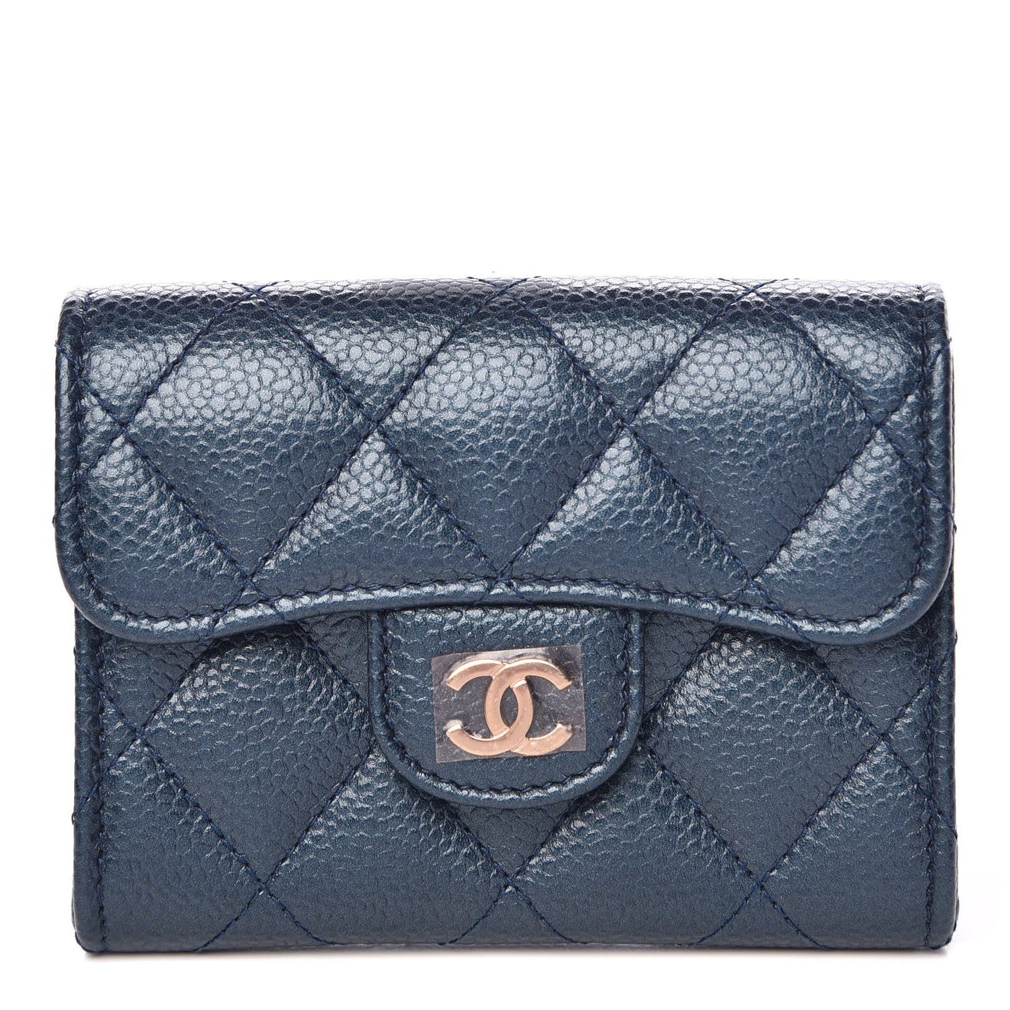 Metallic Caviar Quilted Flap Card Holder Wallet Dark Blue