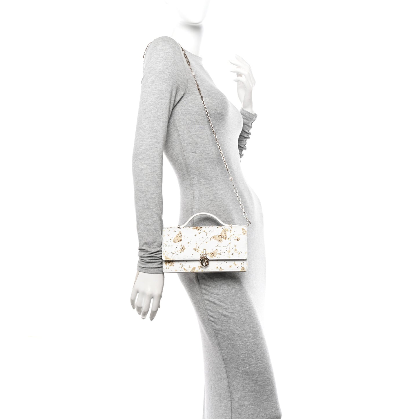 Calfskin Butterfly Zodiac Print Embroidery Mini My Dior Top Handle Clutch White Gold