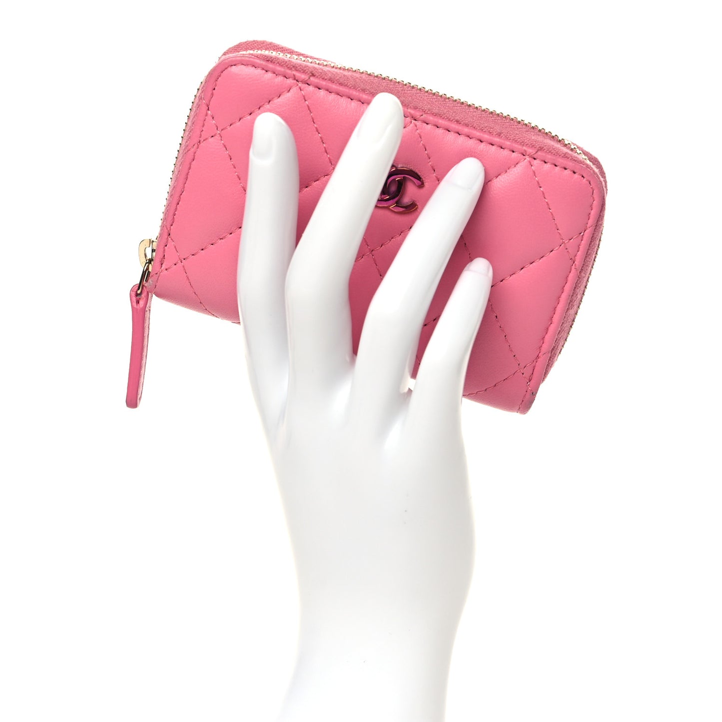 Lambskin Quilted Zip Around Coin Purse Wallet Pink Yellow