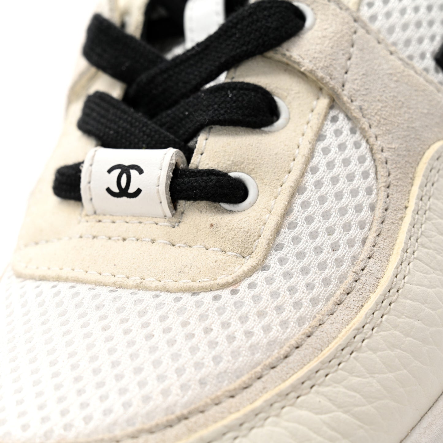 Mesh Suede Grained Calfskin Womens CC Sneakers 37.5 White Black