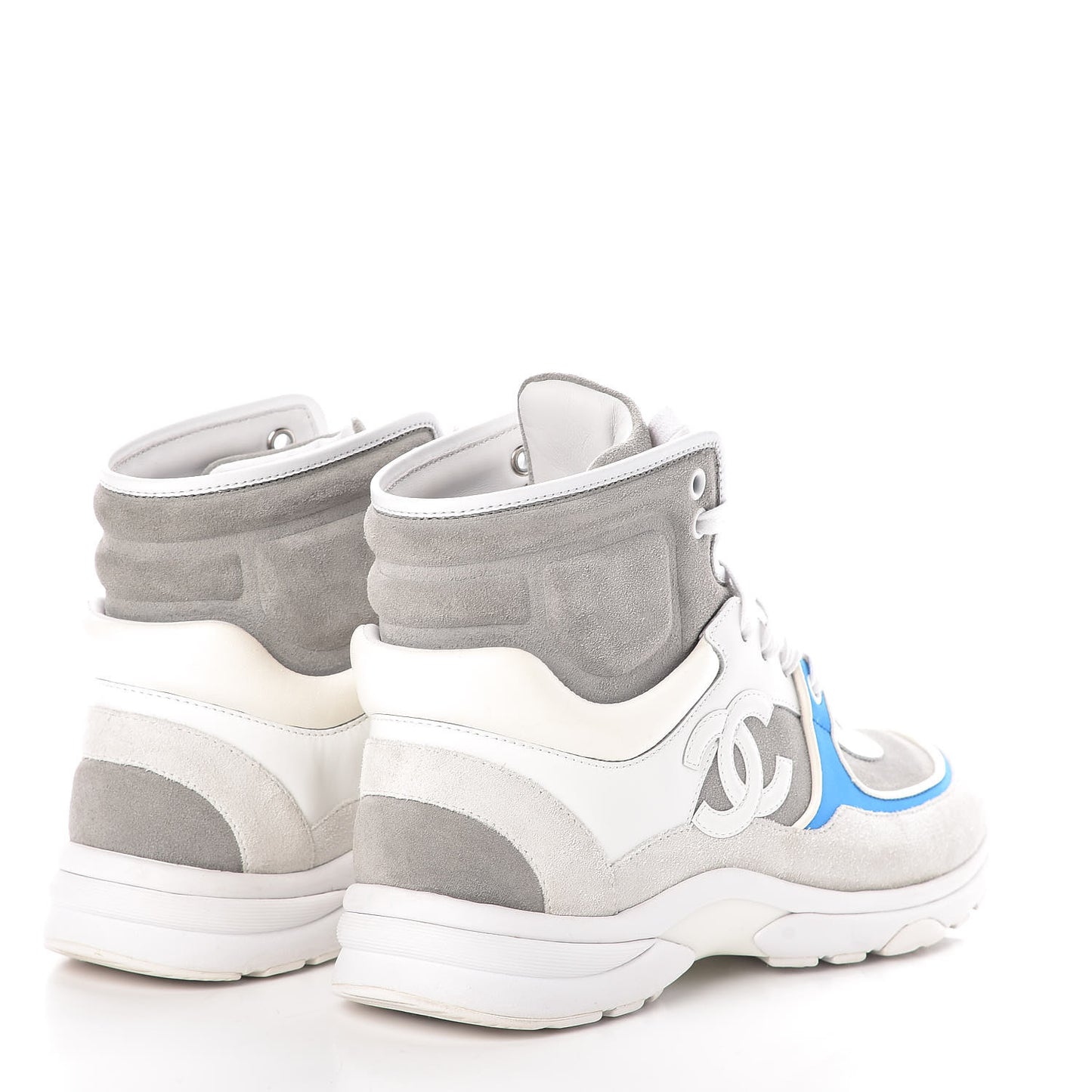 Suede Calfskin Lambskin High Top CC Sneakers 38 White Grey Fluo Blue