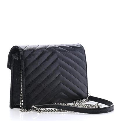 Saint Laurent Grain De Poudre Matelasse Chevron Monogram Envelope Chain Wallet Black 2 of 9