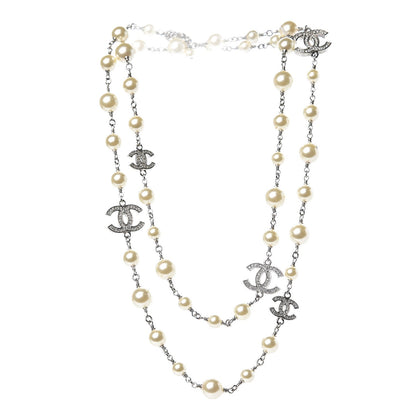 Chanel Pearl Crystal CC Necklace Silver Pearly White 3 of 5