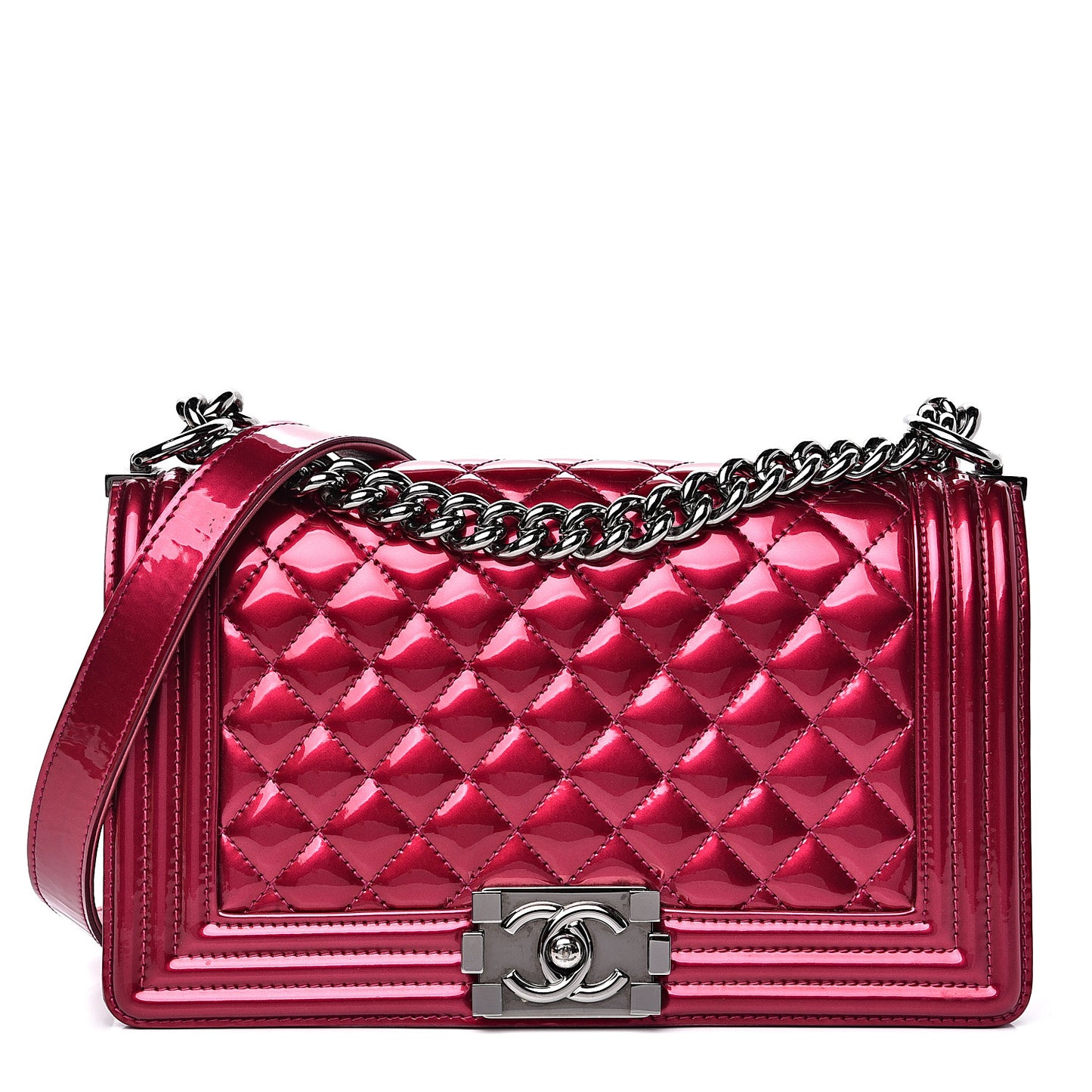 Metallic Patent Calfskin Quilted Medium Boy Flap Pink