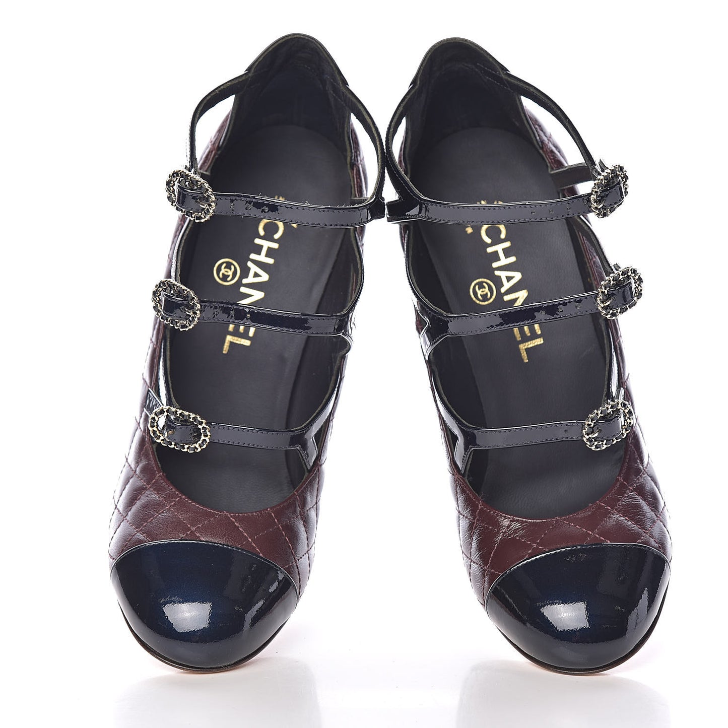 Patent Calfskin Quilted CC Cap Toe Pumps 37 Burgundy Navy