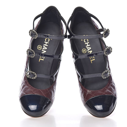 Chanel Patent Calfskin Quilted CC Cap Toe Pumps 37 Burgundy Navy 11 of 12