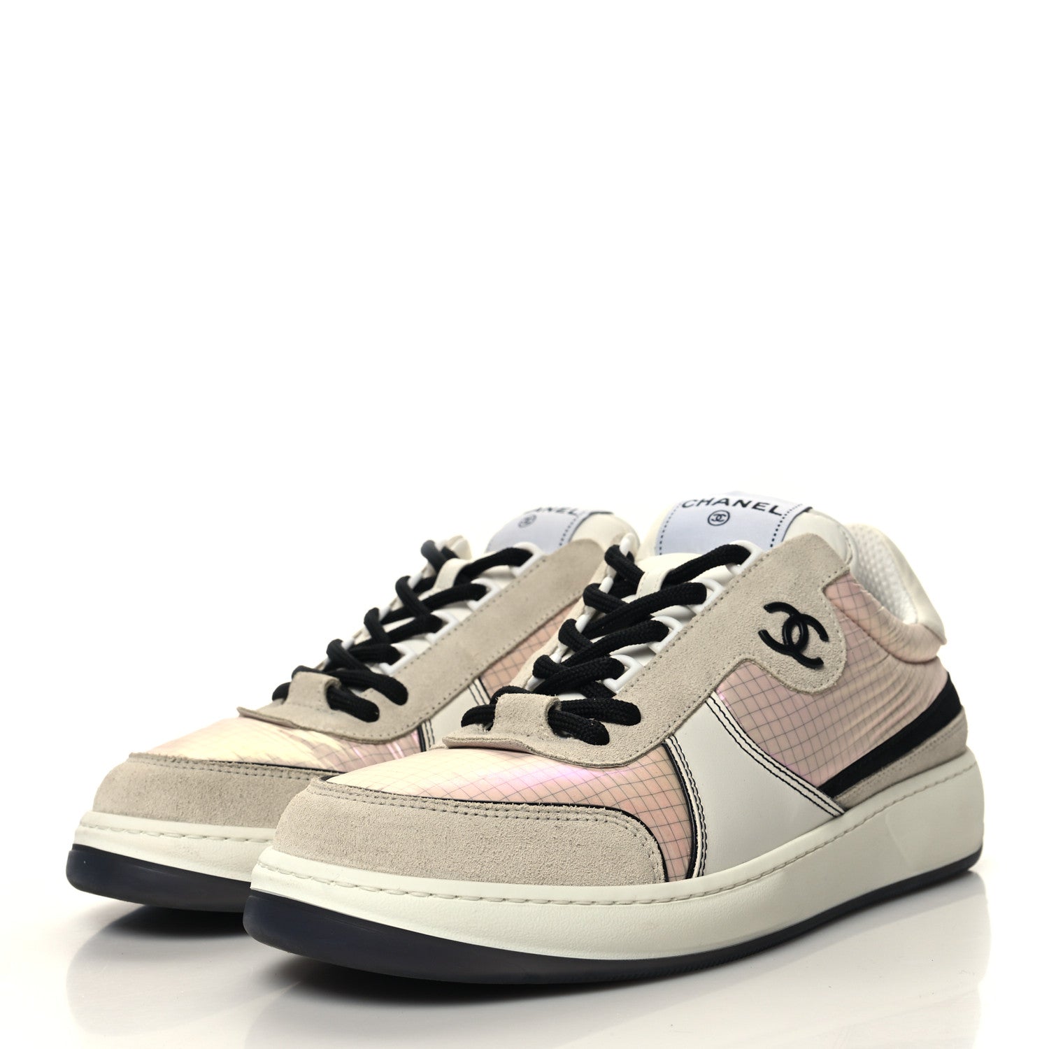 Chanel Suede Fabric Calfskin Womens CC Sneakers 40 Pink Grey White 3 of 8