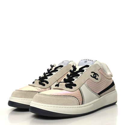 Chanel Suede Fabric Calfskin Womens CC Sneakers 40 Pink Grey White 3 of 8