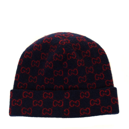 Gucci Wool GG Monogram Fog Tricot Beanie Hat XL Midnight Blue Red 2 of 3