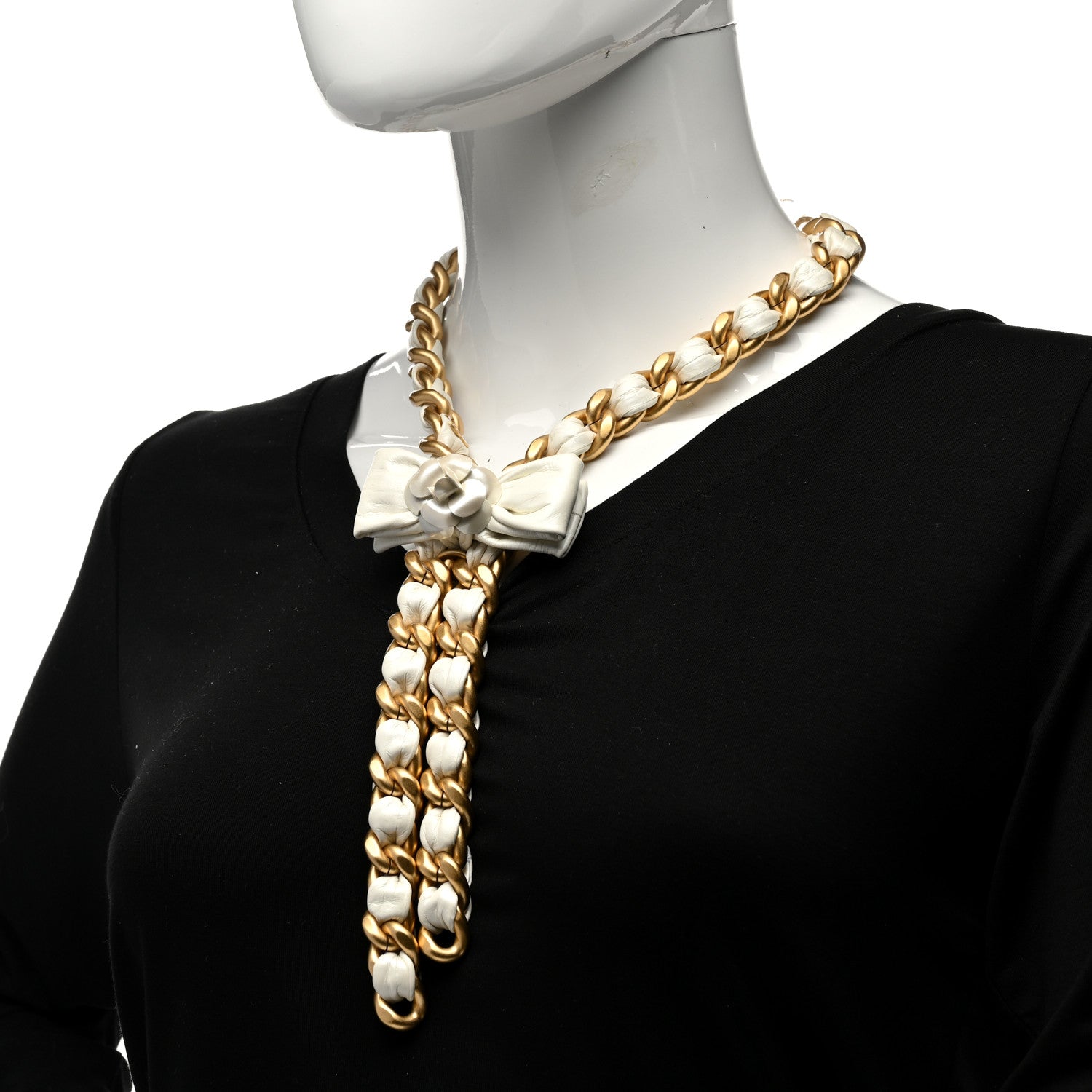 Chanel Calfskin Chain Camellia Bow Necklace Gold White 2 of 8