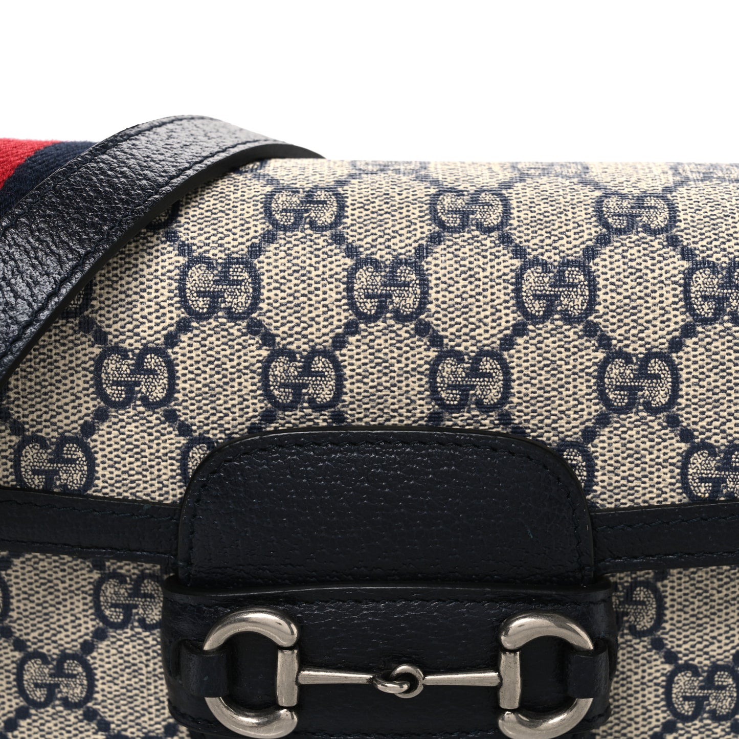 GG Supreme Monogram Textured Dollar Calfskin Web Mini Horsebit 1955 Shoulder Bag Beige Blue