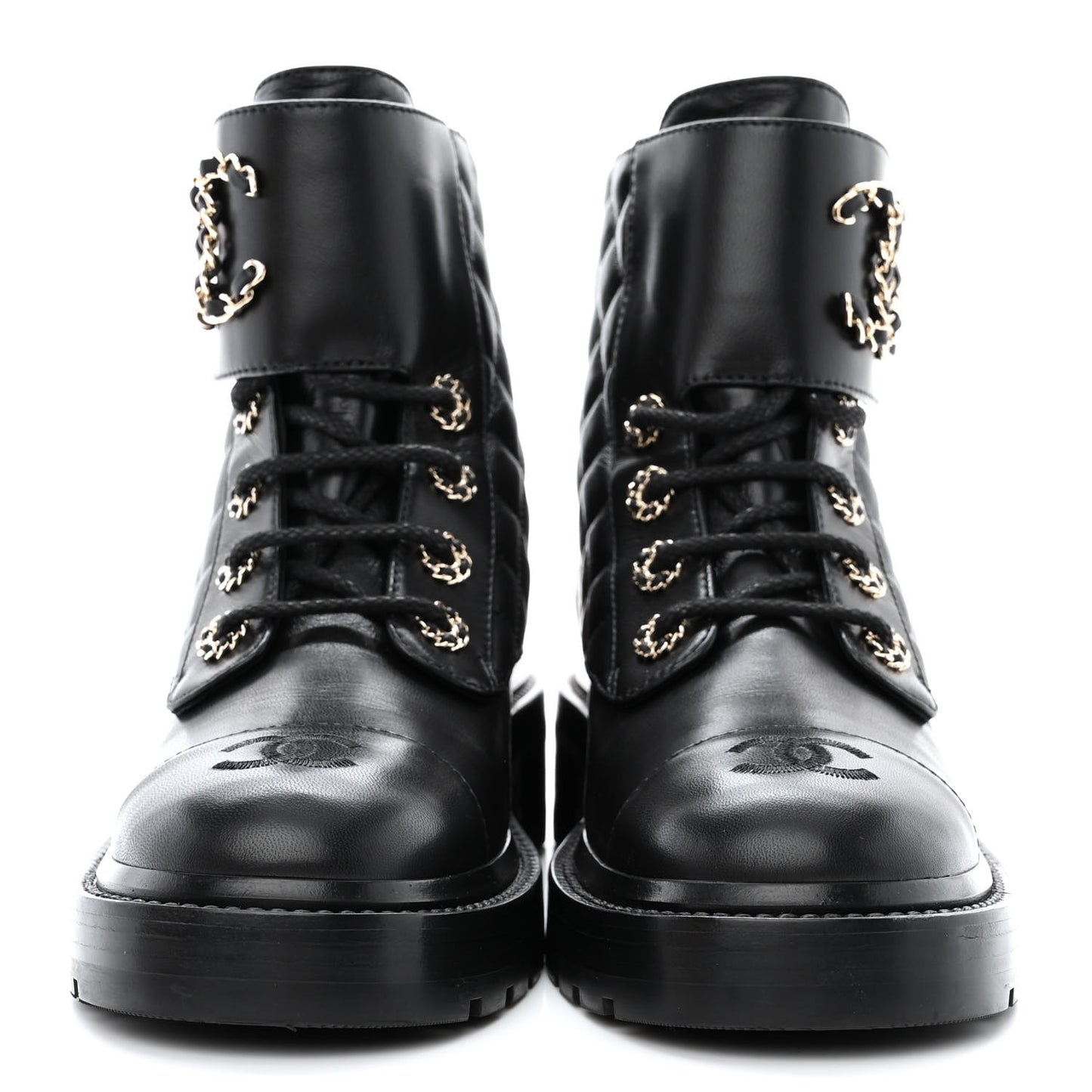 Shiny Lambskin Quilted Lace Up Combat Boots 37 Black