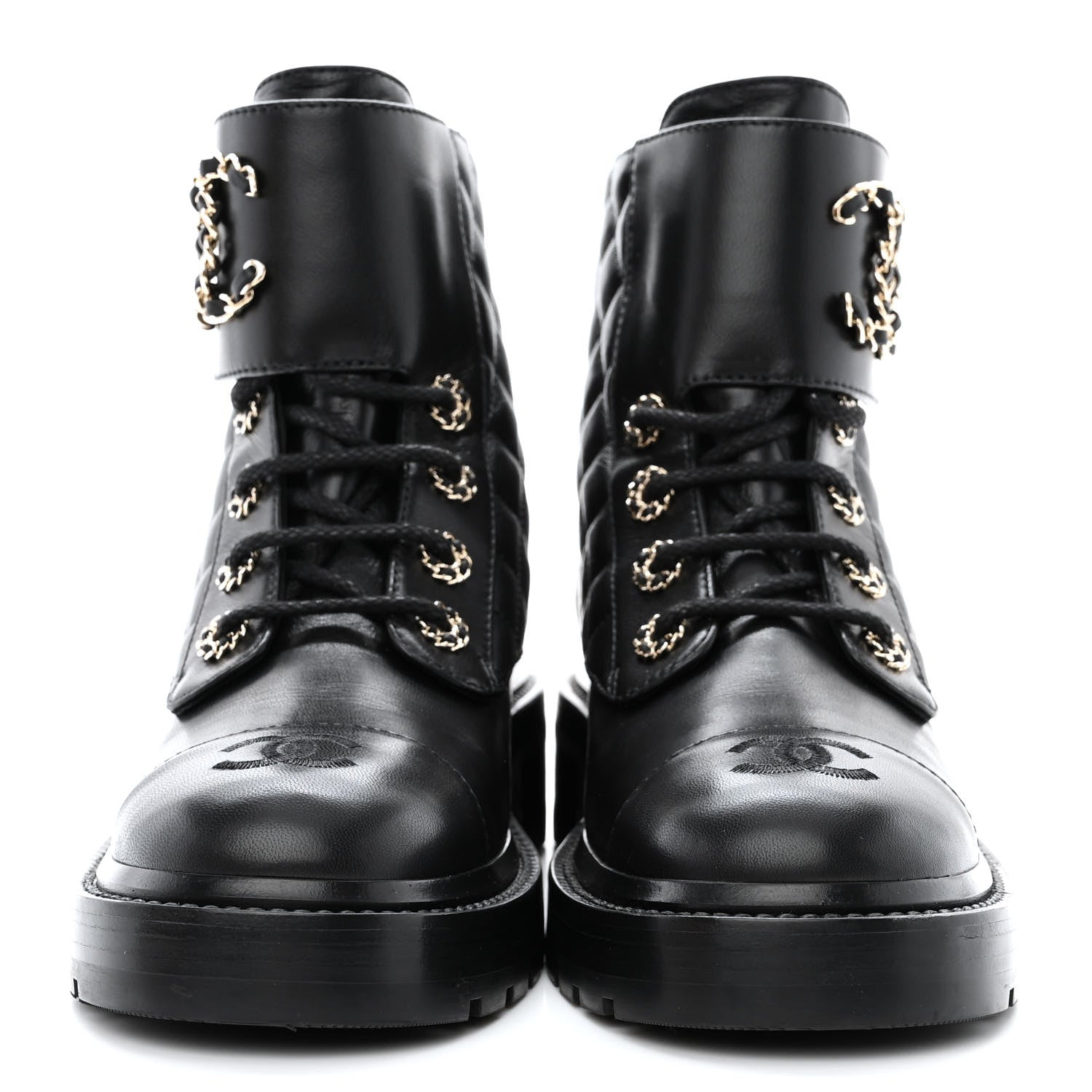 Chanel Shiny Lambskin Quilted Lace Up Combat Boots 37 Black 2 of 8