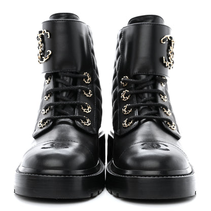 Chanel Shiny Lambskin Quilted Lace Up Combat Boots 37 Black 2 of 8