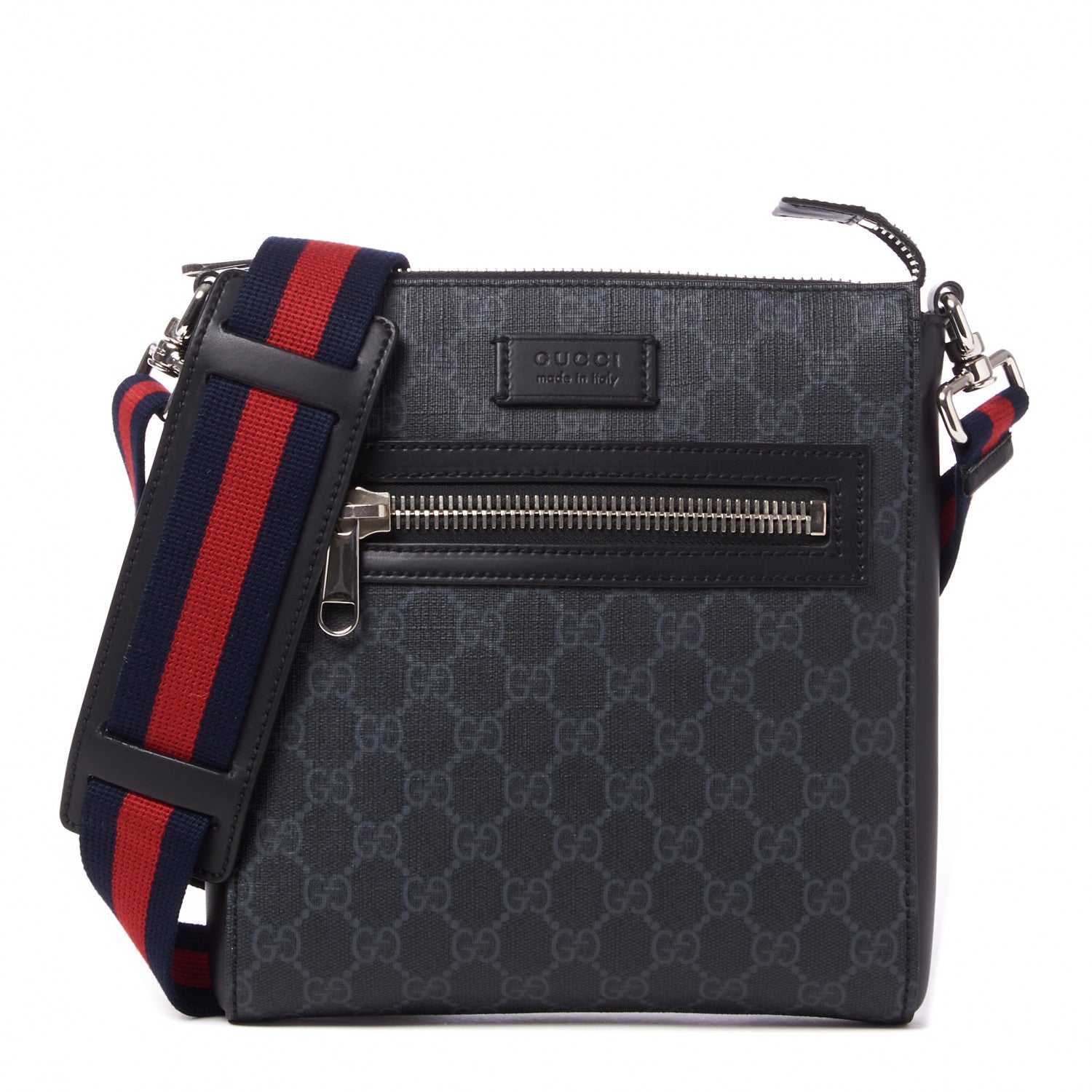 Gucci GG Supreme Monogram Web Small Flat Messenger Bag Black Grey 1 of 8