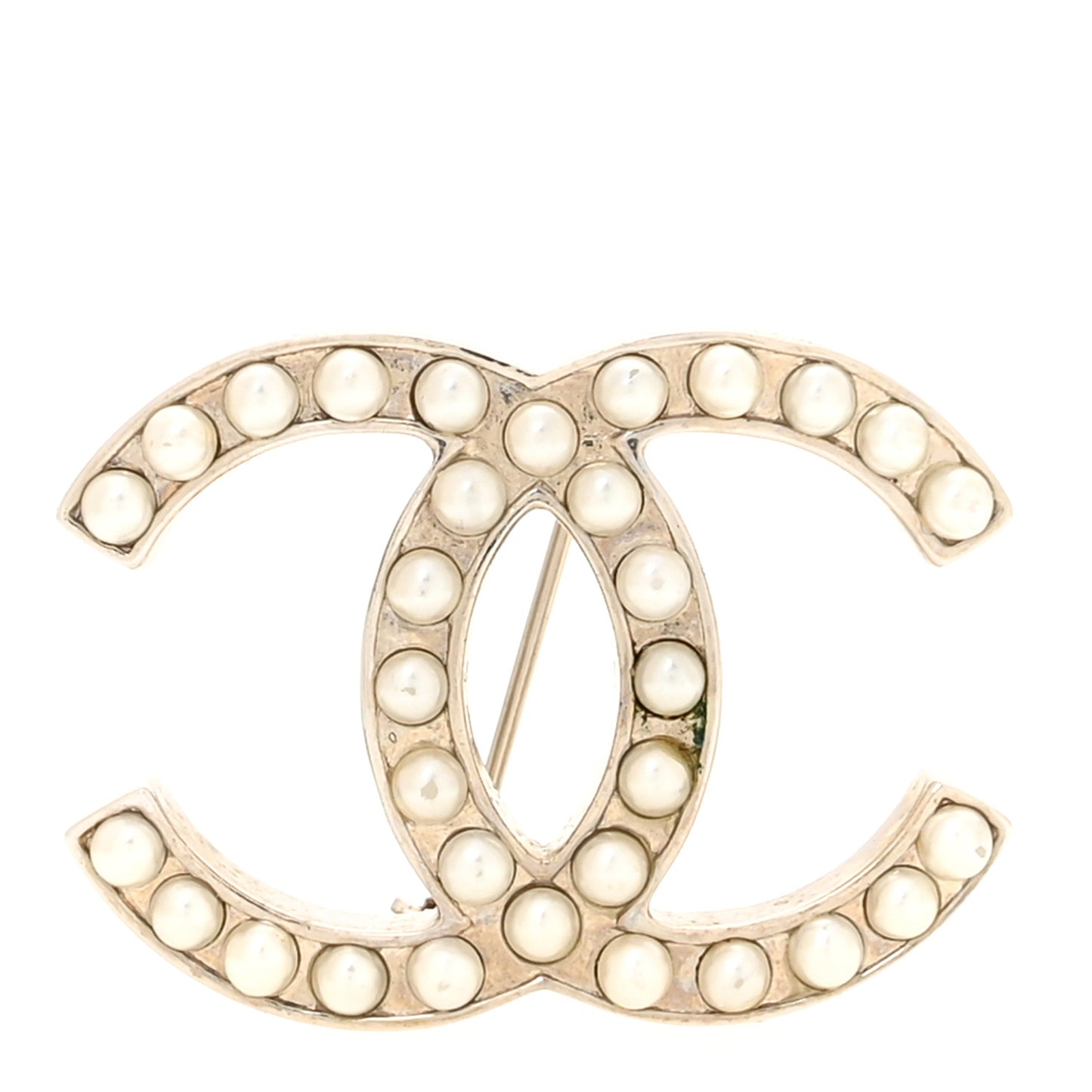 Metal Pearl CC Brooch Silver