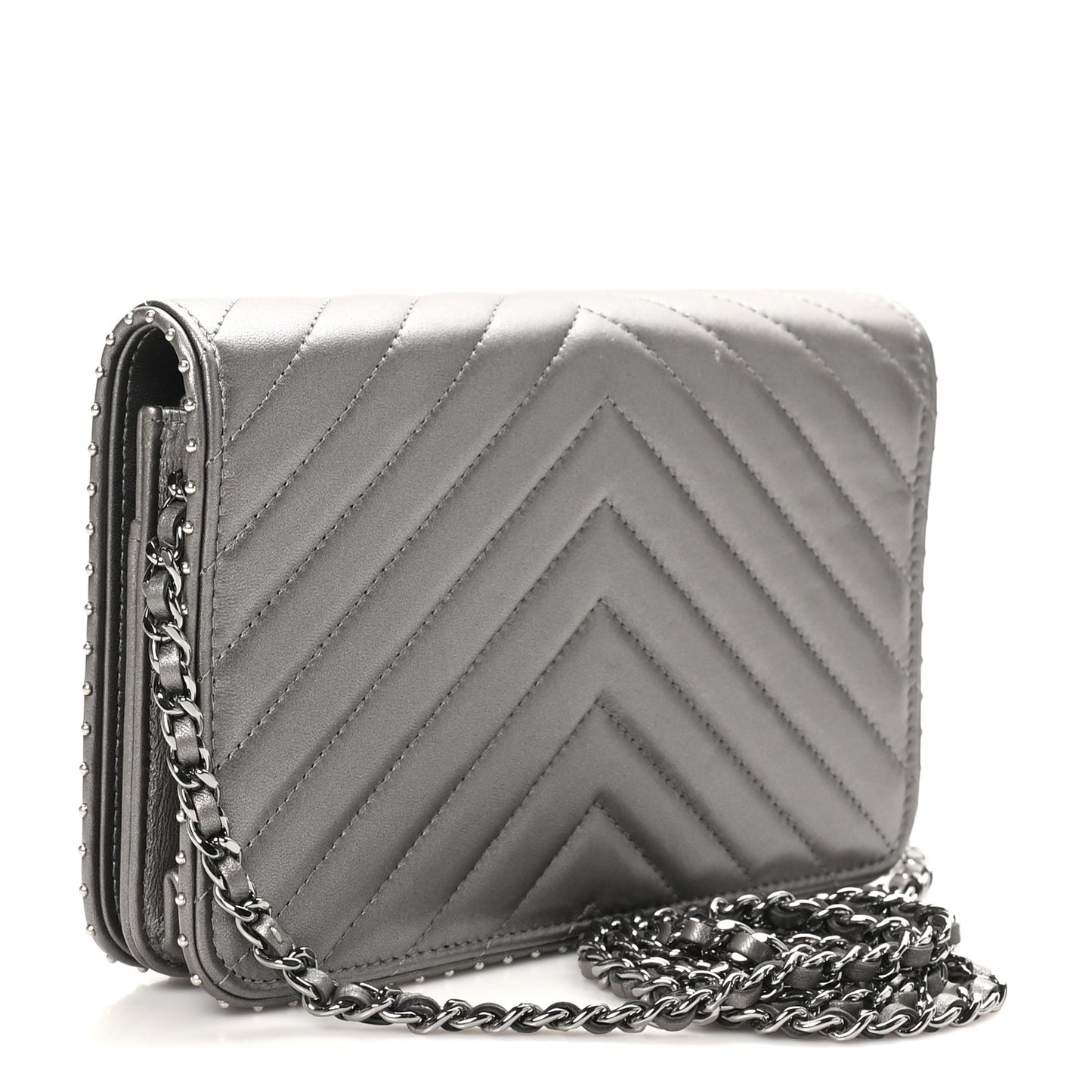 Lambskin Chevron Quilted Studded Wallet On Chain WOC Dark Silver