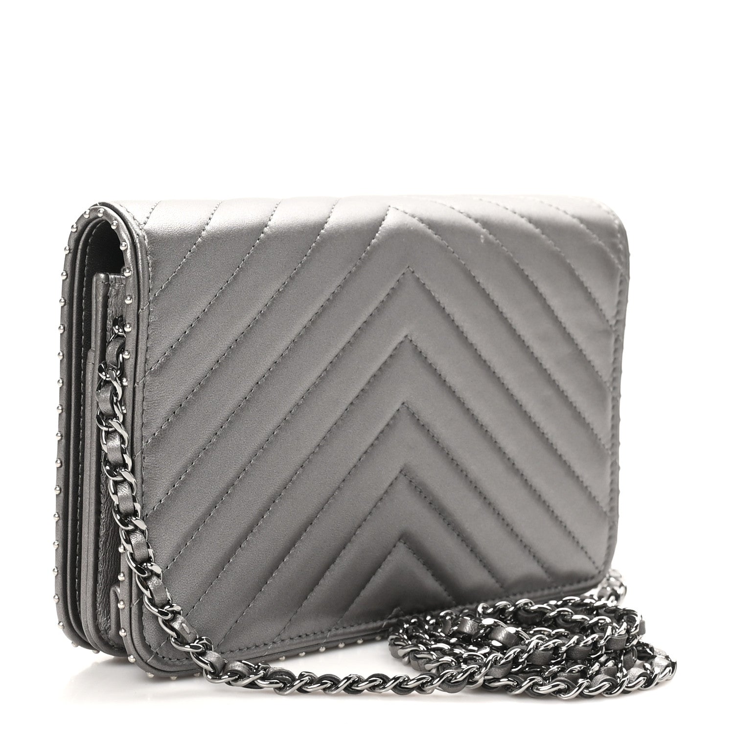 Chanel Lambskin Chevron Quilted Studded Wallet On Chain WOC Dark Silver 2 of 11
