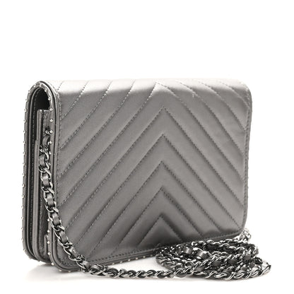 Chanel Lambskin Chevron Quilted Studded Wallet On Chain WOC Dark Silver 2 of 11