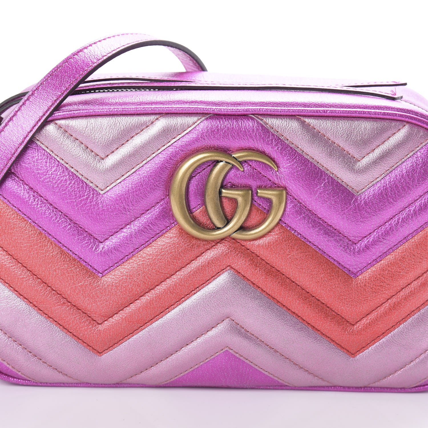 Gucci Laminated Nappa Matelasse Small GG Marmont Chain Shoulder Bag Fuxia Rosso Rosa 7 of 9