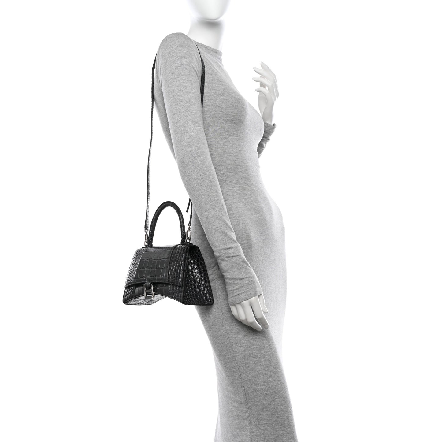 Shiny Calfskin Crocodile Embossed Small Hourglass Top Handle Bag Dark Grey