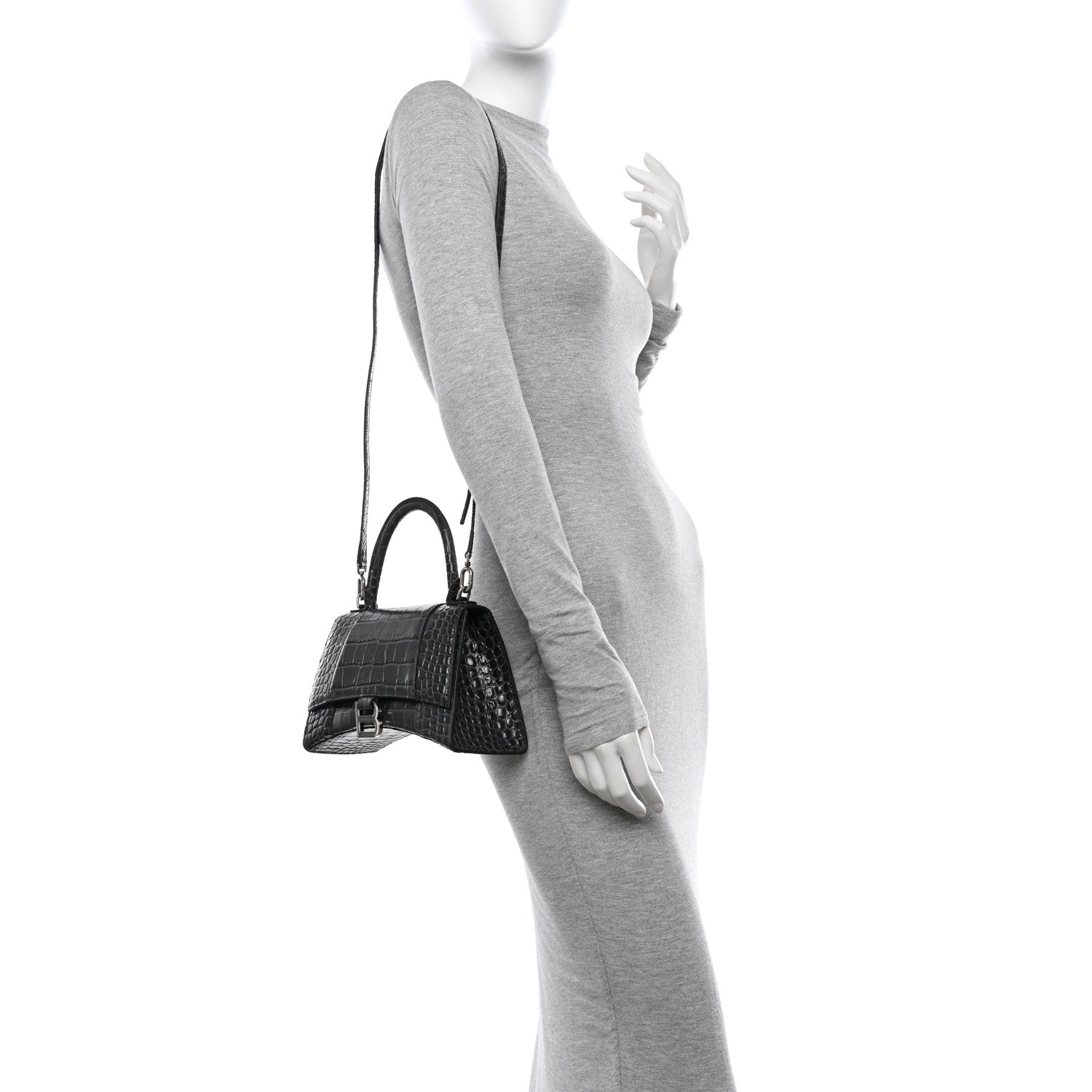 Balenciaga Shiny Calfskin Crocodile Embossed Small Hourglass Top Handle Bag Dark Grey 2 of 13