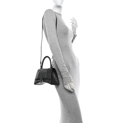Balenciaga Shiny Calfskin Crocodile Embossed Small Hourglass Top Handle Bag Dark Grey 2 of 13