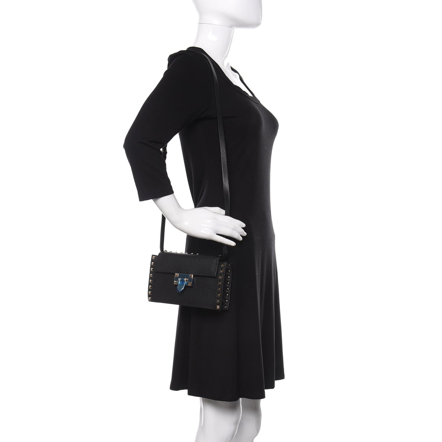 Pebbled Calfskin Small Rockstud Overlay Flap Shoulder Bag Black
