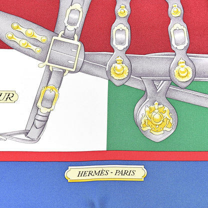 Hermes Silk Harnais De Cour Scarf 90 Bleu Vert Bordeaux 3 of 5