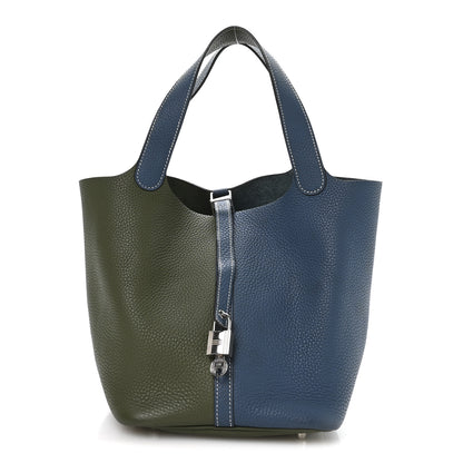 Hermes Taurillon Clemence Casaque Picotin Lock 22 MM  Bleu Thalassa Canopee 1 of 12