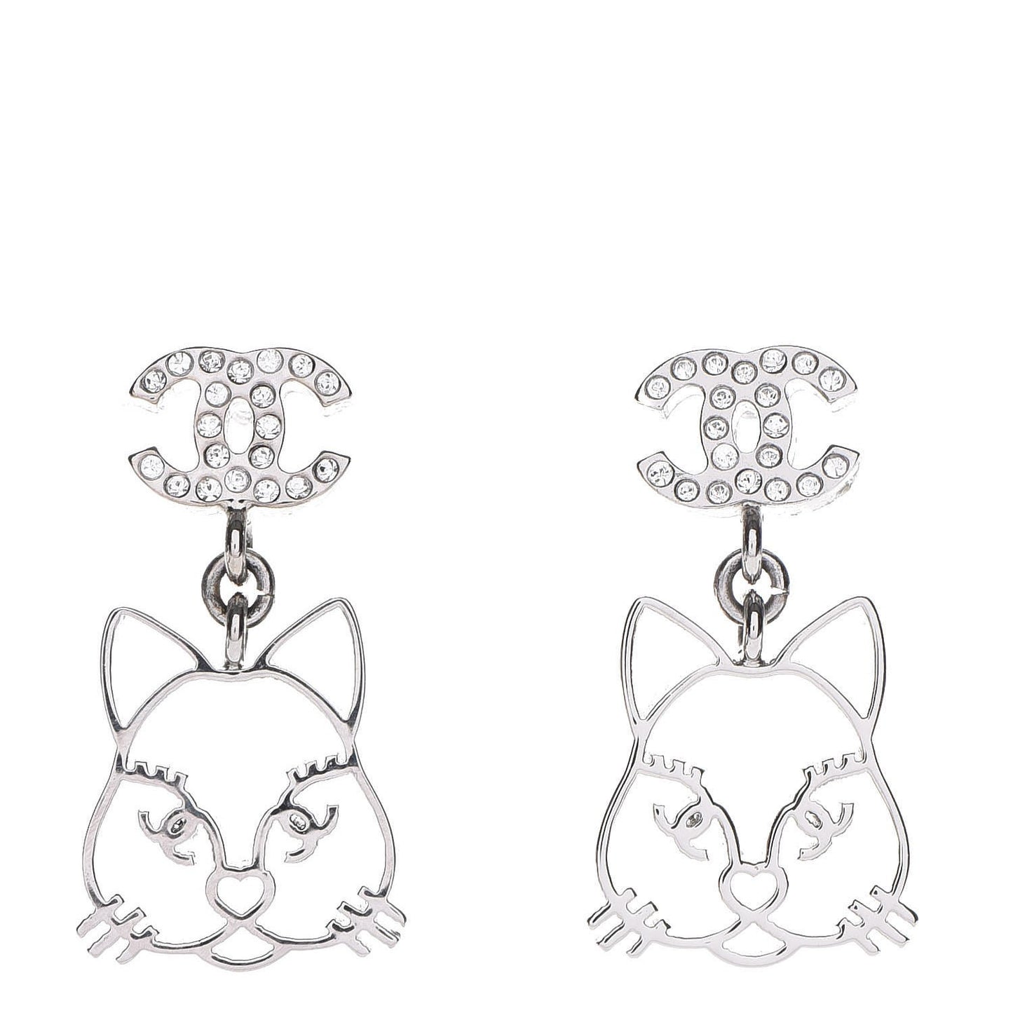 Crystal Emoji Choupette Cat CC Earrings Silver