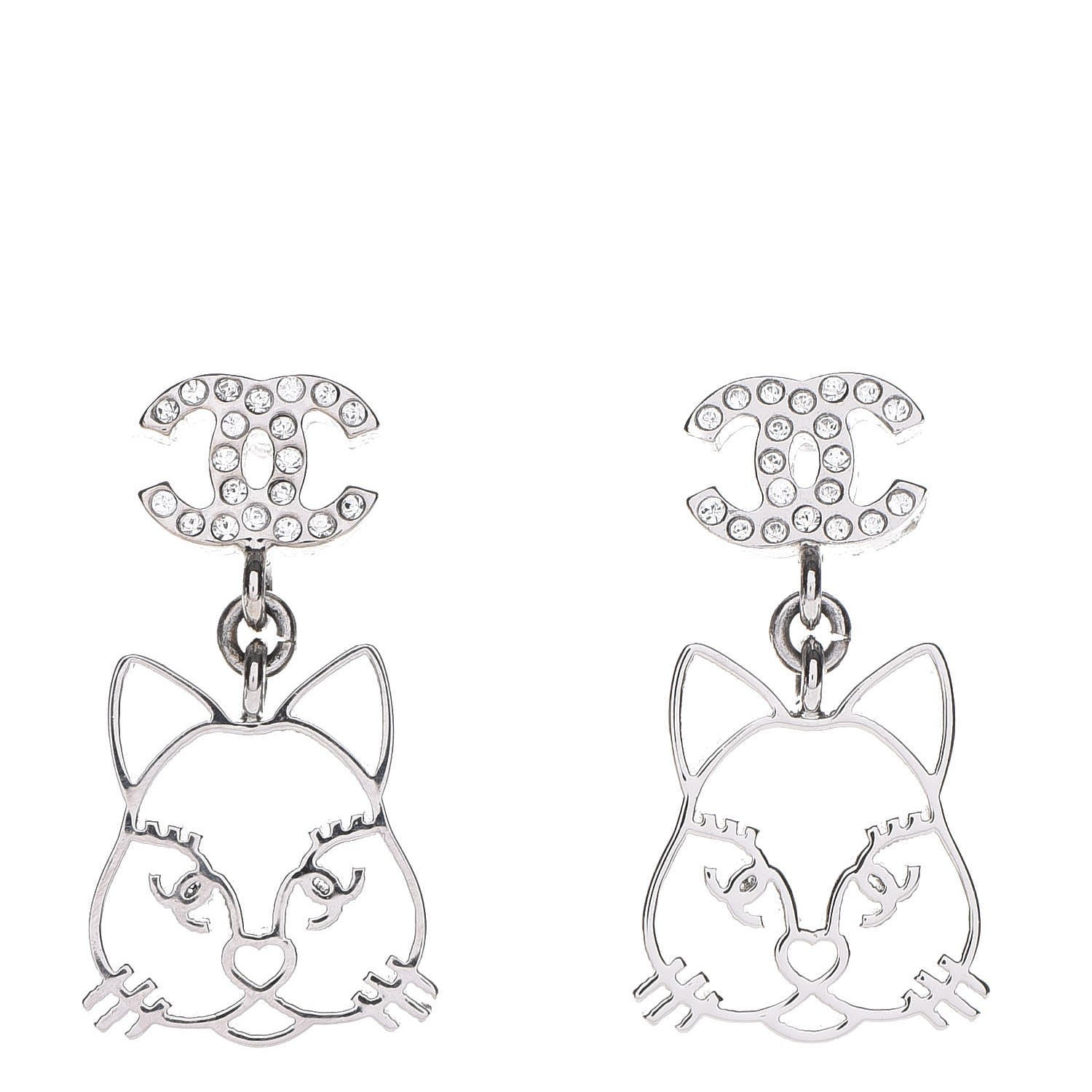 Chanel Crystal Emoji Choupette Cat CC Earrings Silver 1 of 5