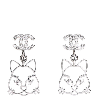 Chanel Crystal Emoji Choupette Cat CC Earrings Silver 1 of 5
