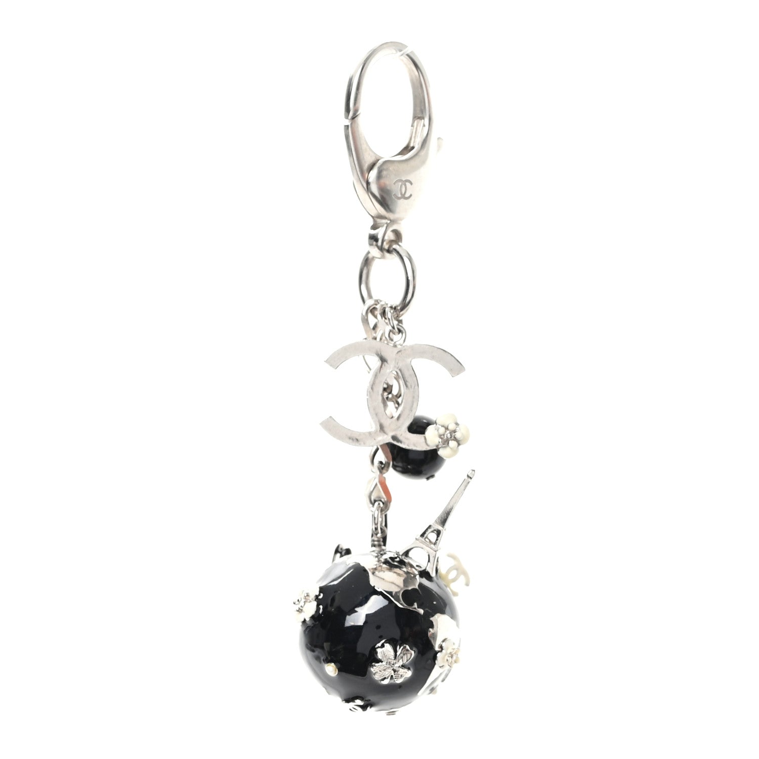 Chanel Metal Camellia CC Globe Key Chain Black Silver 1 of 4