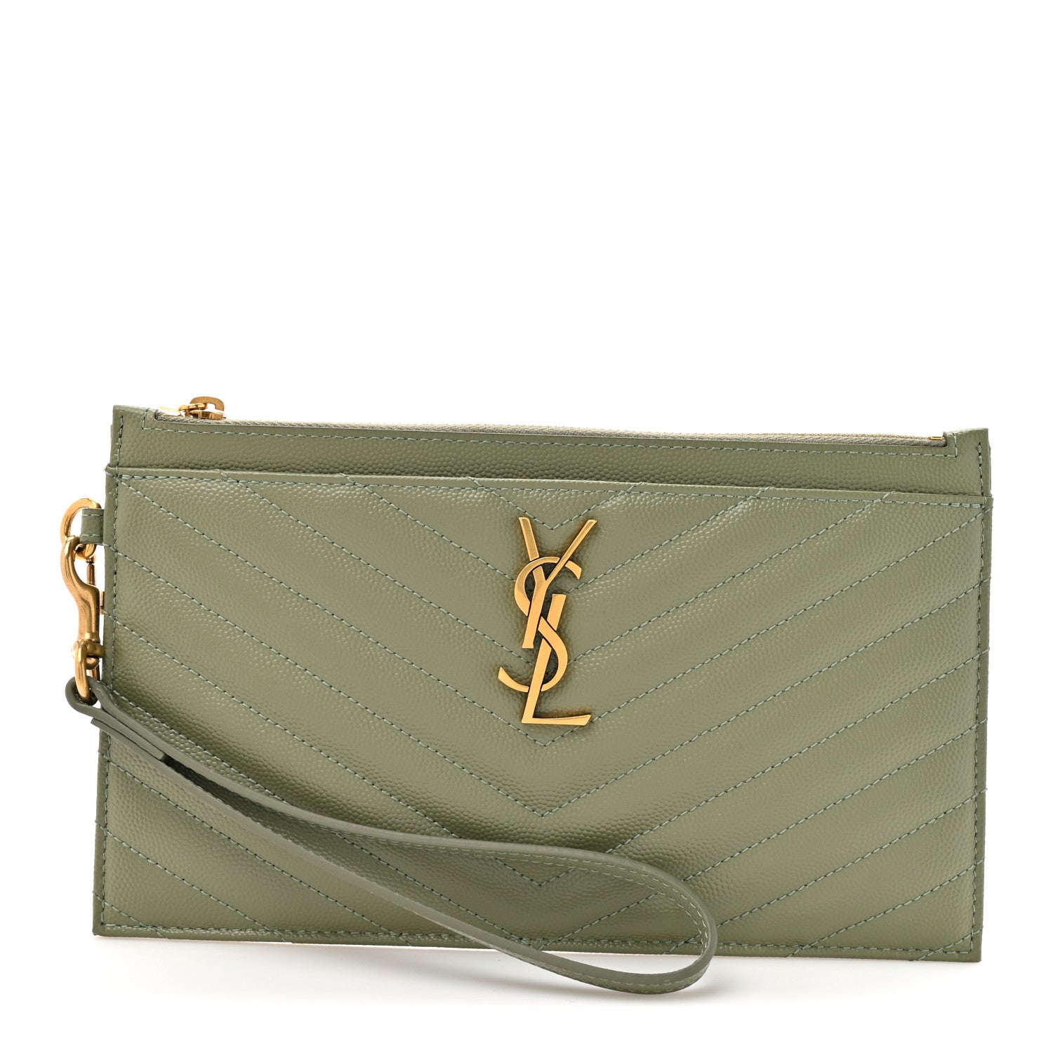Saint Laurent Grain De Poudre Chevron Monogram Large Bill Pouch Light Sage 1 of 10