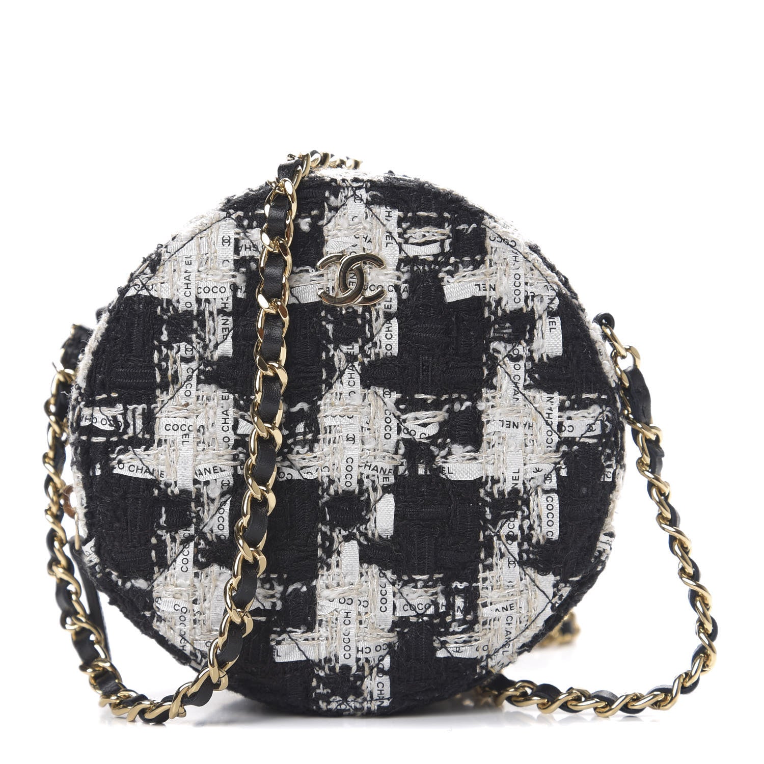 Chanel Tweed Quilted Round Clutch With Chain Black Ecru White 1 of 9