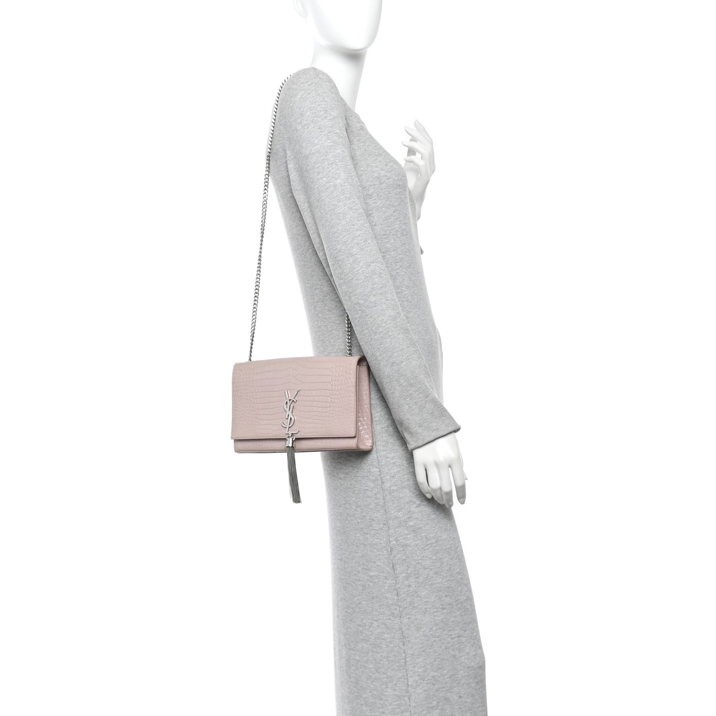 Calfskin Crocodile Embossed Medium Classic Monogram Kate Tassel Satchel Powder Pink