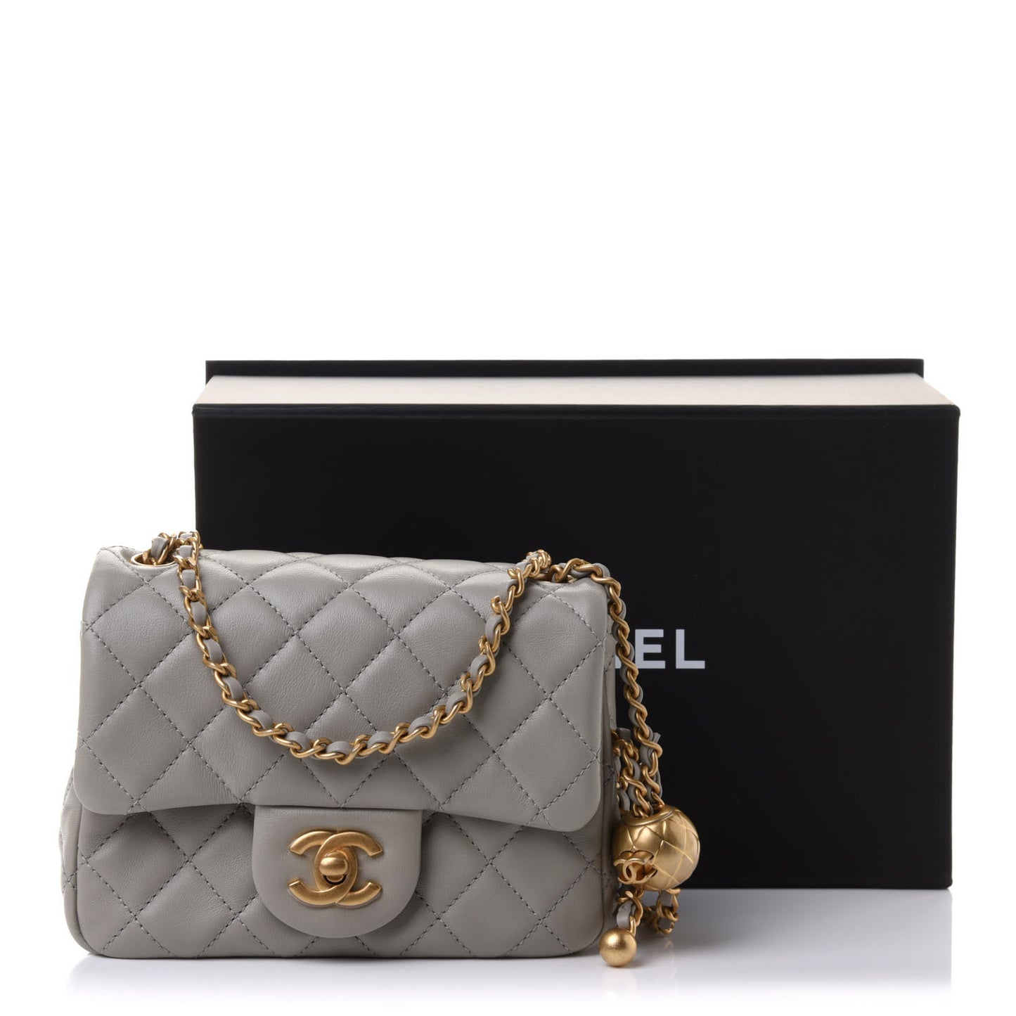 Lambskin Quilted Mini Pearl Crush Flap Light Grey