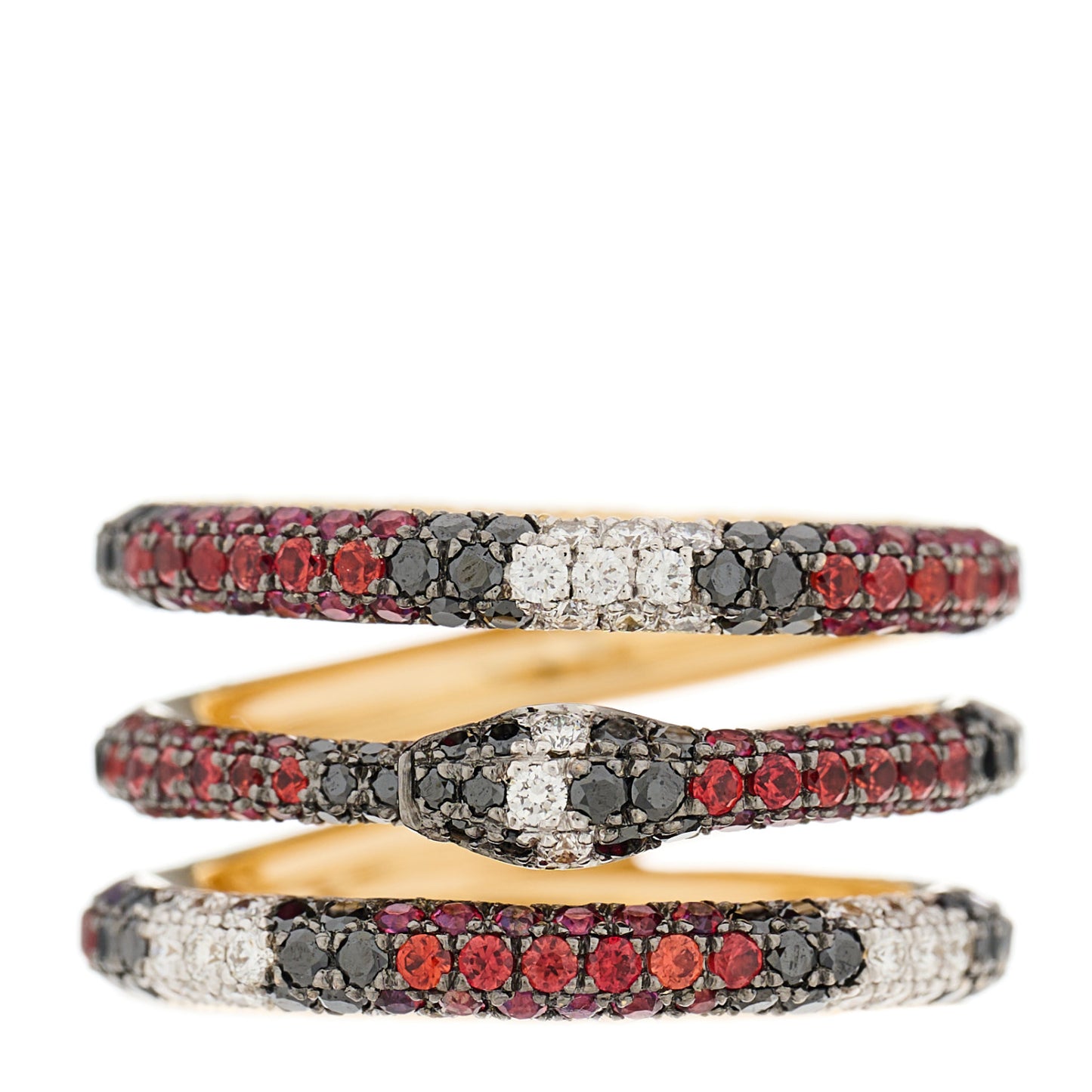 18K Yellow Gold Black Diamond Topaz Sapphire Diamond Ouroboros Snake Three-Row Ring 51 5.75