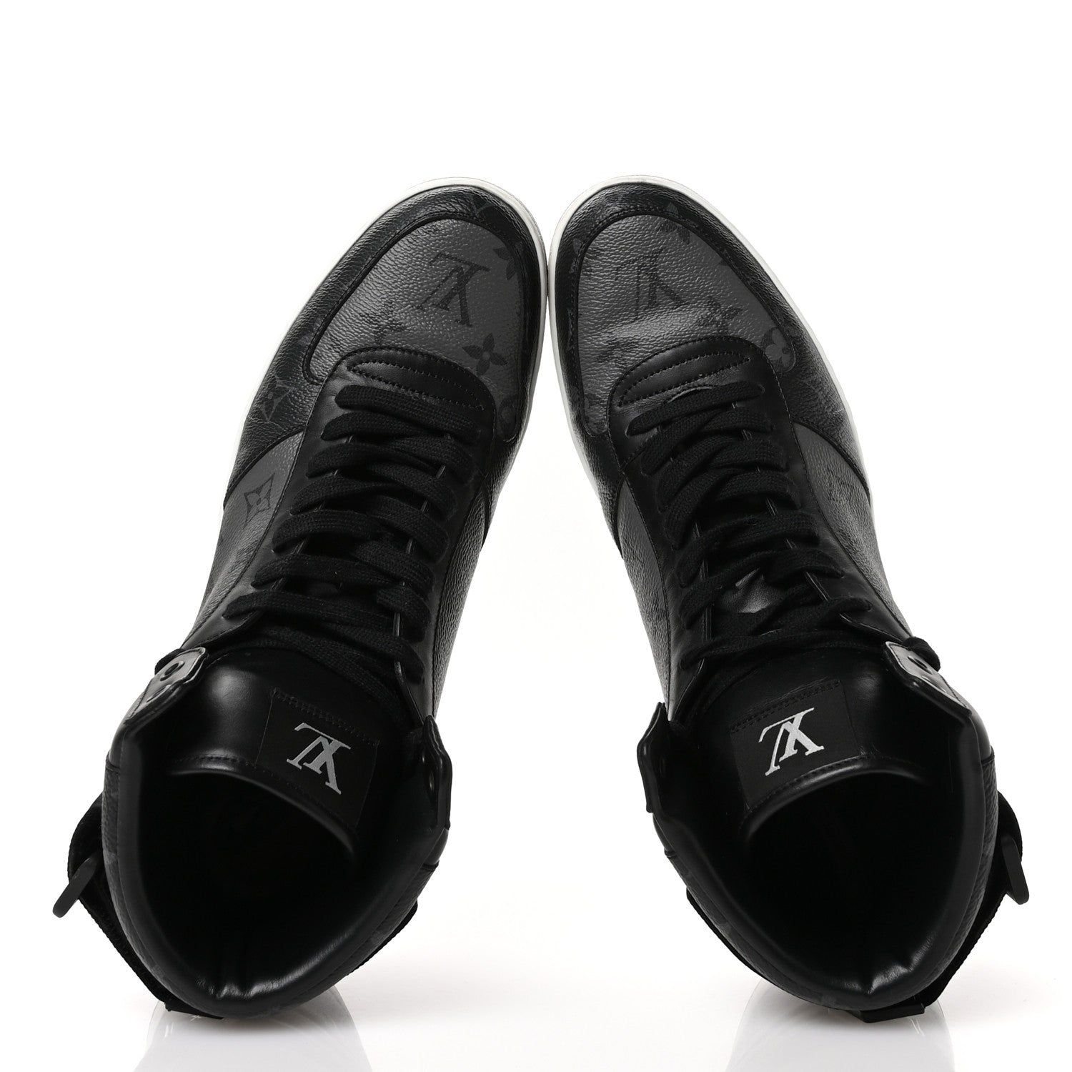 Louis Vuitton Calfskin Monogram Eclipse Mens Rivoli High Top Sneakers 10 Black Grey 2 of 8