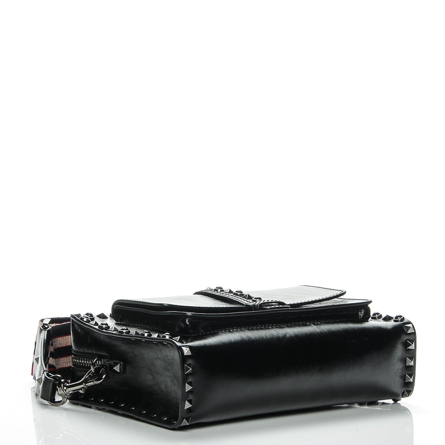 Valentino Garavani Craquele Calfskin Small Guitar Strap Rockstud Rolling Flap Pocket Shoulder Bag Black 5 of 7