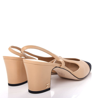 Chanel Goatskin Grosgrain Cap Toe CC Slingback Pumps 38.5 Beige Black 4 of 11