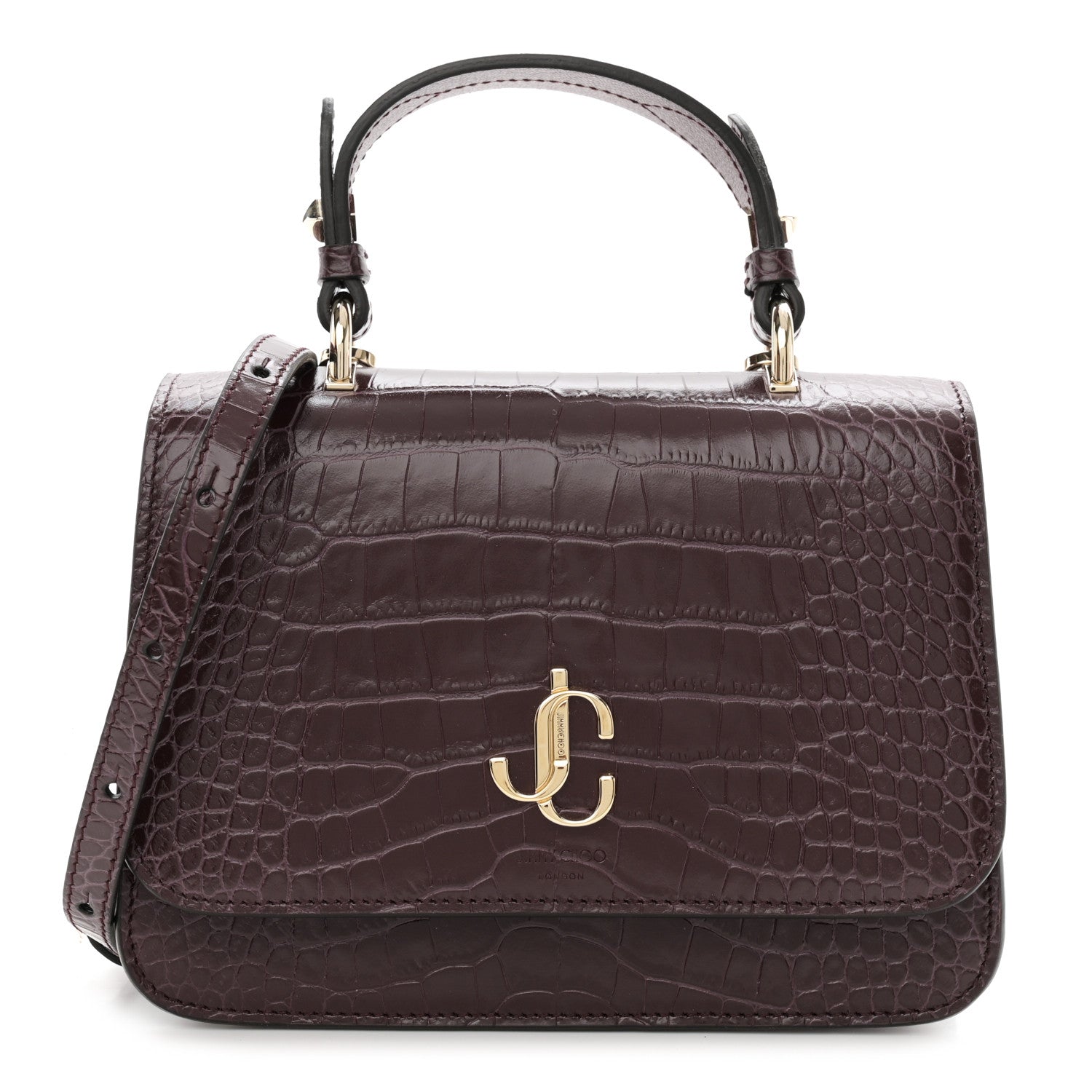 Jimmy Choo Calfskin Crocodile Embossed Medium JC Top Handle Bordeaux 1 of 12