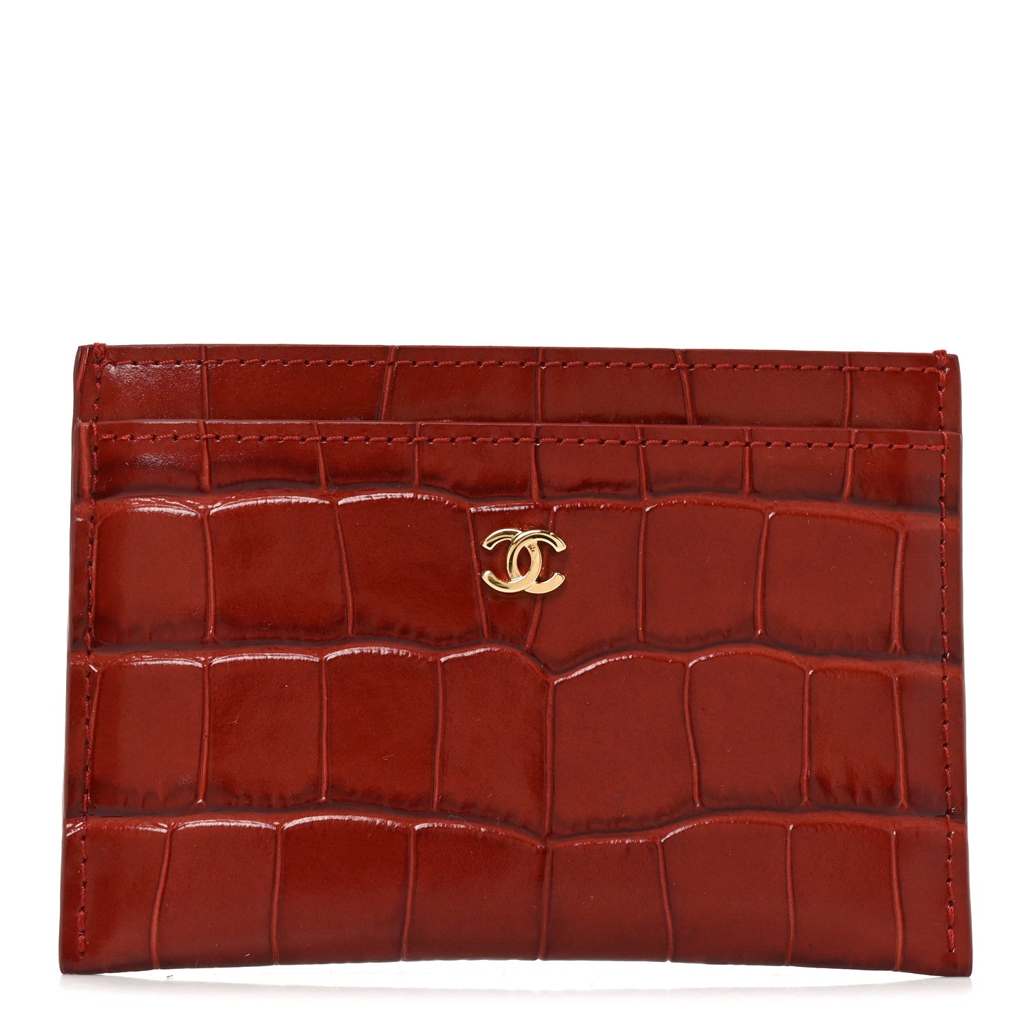 Chanel Calfskin Crocodile Embossed Crococo Card Holder Burgundy 1 of 8